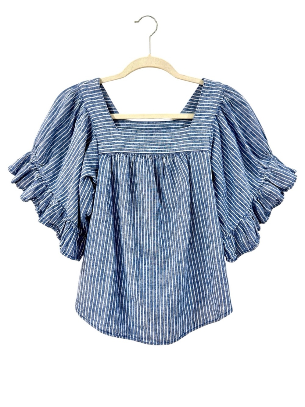Beach Lunch Lounge Linen Cotton Stripe Flutter Ruffle Sleeve Blouse S Coastal